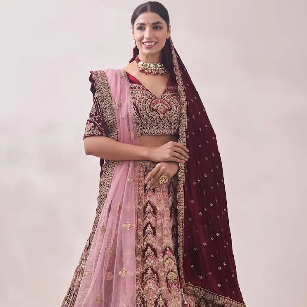 Peony Pink and Maroon Imperial Patterned Bridal Lehenga