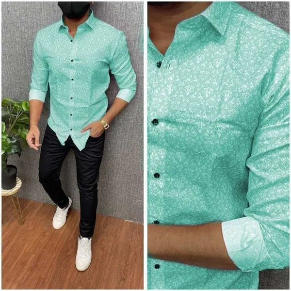 Men LUXURY CROWN Casual Aqua Blue Shirt Cotton Silk Floral Long Sleeve Regular Fit