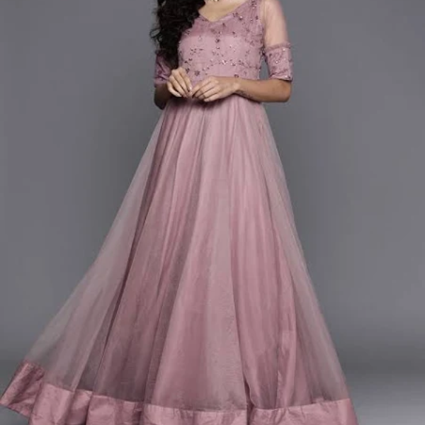 Inddus Mauve Ethnic Motifs Sequins Embroidered Sheer Gown